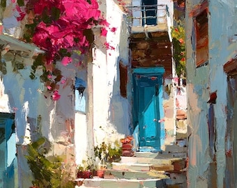 Paisaje mediterráneo. Pintura al óleo original de un callejón soleado con buganvillas.