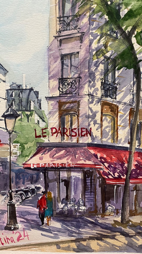 パリのカフェ 赤い傘 オリジナル水彩画 フランス旅行アートワーク
