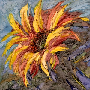 Pintura al óleo de girasol sobre cartón, tamaño pequeño, 7 x 7