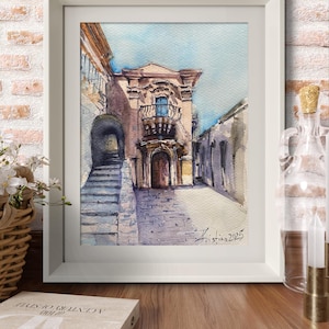 Italy Travel Original Watercolor Painting Sicily Ragusa Town Small Wall Art Gift For by TinaArtCo