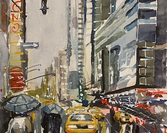 New York Original Watercolor Painting Rainy NYC Artwork Hand Painted Gift