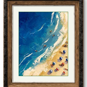 Peut inclure: Une peinture abstraite repr&eacute;sentant une sc&egrave;ne de plage avec de l'eau bleue, des vagues blanches et du sable jaune. On y voit de petites figures de personnes nageant dans l'eau et des parasols color&eacute;s sur la plage.