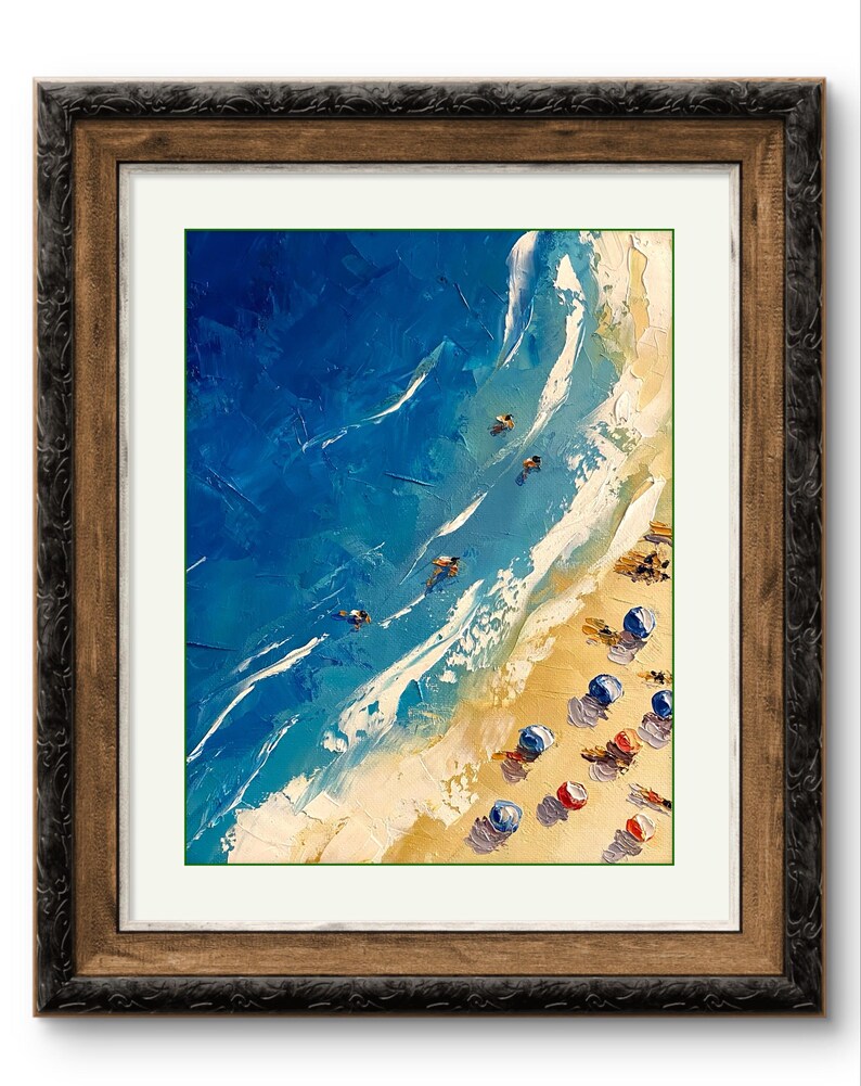Peut inclure: Une peinture abstraite repr&eacute;sentant une sc&egrave;ne de plage avec de l'eau bleue, des vagues blanches et du sable jaune. On y voit de petites figures de personnes nageant dans l'eau et des parasols color&eacute;s sur la plage.
