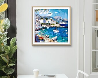 地中海風の街並み 油彩画 額装済み 地中海の風景油絵：マヨルカ島の沿岸都市のアート - Etsy 日本