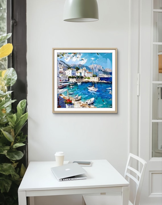 地中海の風景油絵：マヨルカ島の沿岸都市のアート - Etsy 日本