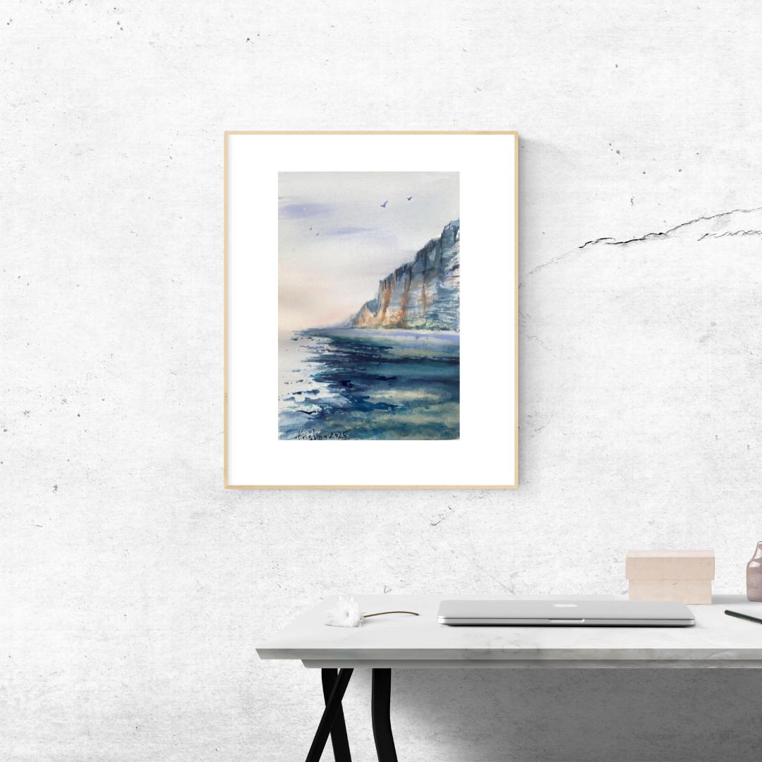 ノルマンディーの落石 手作り水彩画 – オリジナル海景アート | 海岸の