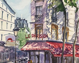 パリのカフェ 赤い傘 オリジナル水彩画 フランス旅行アートワーク
