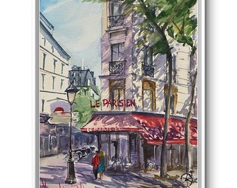 パリのカフェ 赤い傘 オリジナル水彩画 フランス旅行アートワーク