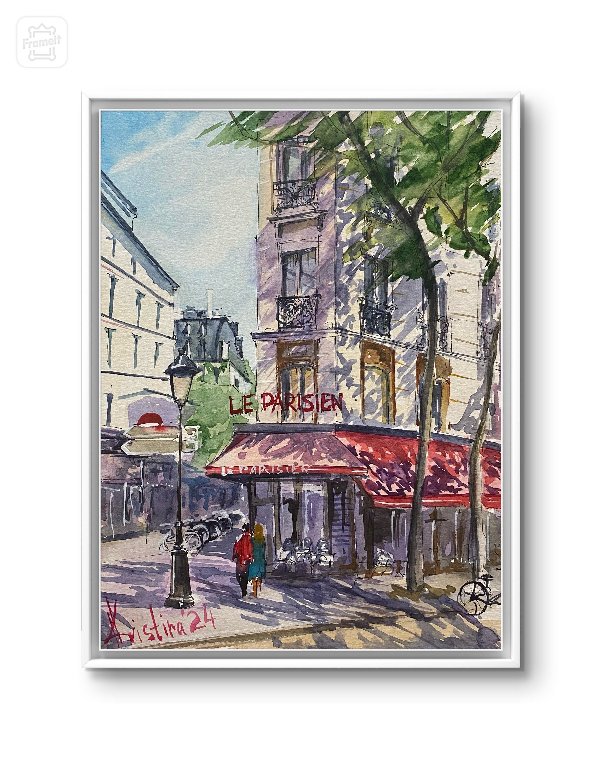 パリのカフェ 赤い傘 オリジナル水彩画 フランス旅行アートワーク