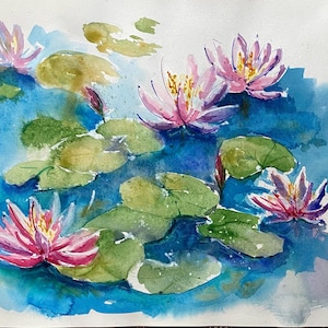 Water Lily Painting Lotus Original Watercolor Artwork Monet Pond Wall Decor Art Gift
