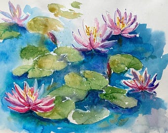 オーダーペイント　水彩画　エビネ ボートと睡蓮の絵画、睡蓮の池のオリジナル水彩画、モネのジヴェルニー