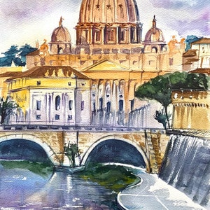 Dipinto ad acquerello originale della Cattedrale di San Pietro a Roma, Basilica di San Pietro, opera d'arte, decorazione da parete per viaggi in Italia, regalo