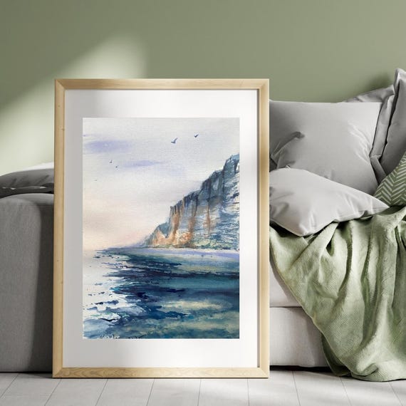 ノルマンディーの落石 手作り水彩画 – オリジナル海景アート | 海岸の