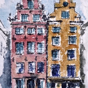 Stoccolma, Svezia Stampa del mio dipinto ad acquerello originale Città Vecchia Opera d'arte Case retrò colorate Arte vintage Visualizza regalo di viaggio