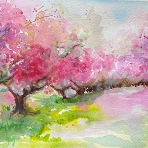 Pintura de acuarela original de árboles en flor, flores rosas, paisaje de primavera, decoración de pared