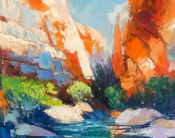 ザイオン国立公園の油絵：アメリカの山岳風景 オリジナルアート (12x12