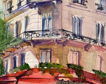 パリのオリジナル水彩画 パリのカフェアートワーク フランス旅行