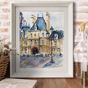 Paris Hotel de Ville Originale Acquerello Dipinto Francia Viaggio Piccola Arte Architettura Francese Decorazione Murale Opera d'Arte Fatta a Mano Regalo di TinaArtCo