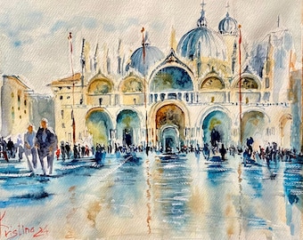 Pintura original en acuarela de Venecia, obra de arte de la Plaza de San Marcos, decoración de pared para viajes, regalo