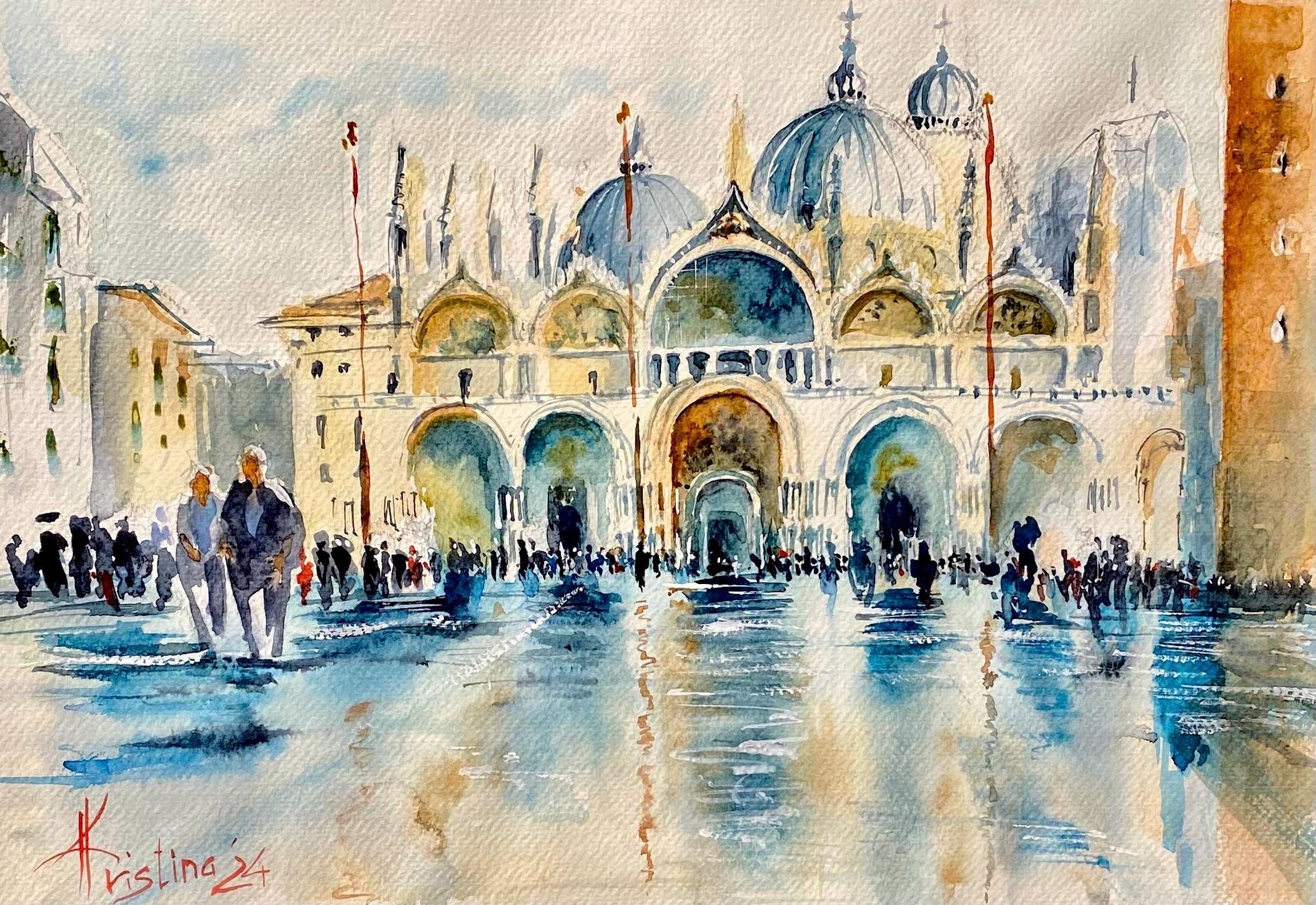 ヴェネツィアのオリジナル水彩画 サンマルコ広場のアートワーク 旅行用