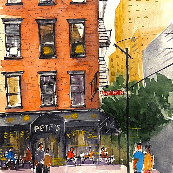 Aquarelle originale de la ville de New York, oeuvre d'art Street Cafe, cadeau d'art mural voyage à New York