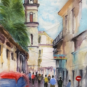 L'Avana Cuba Originale Acquerello Dipinto Paesaggio Urbano Cubano Opera D'Arte Retro Auto Rossa su Strada Arte Murale Regalo