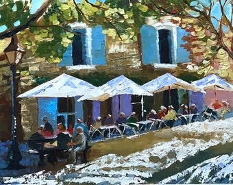 Street Cafe France Original Oil Painting Wall Decor Provance Travel on Stretched Canvas
