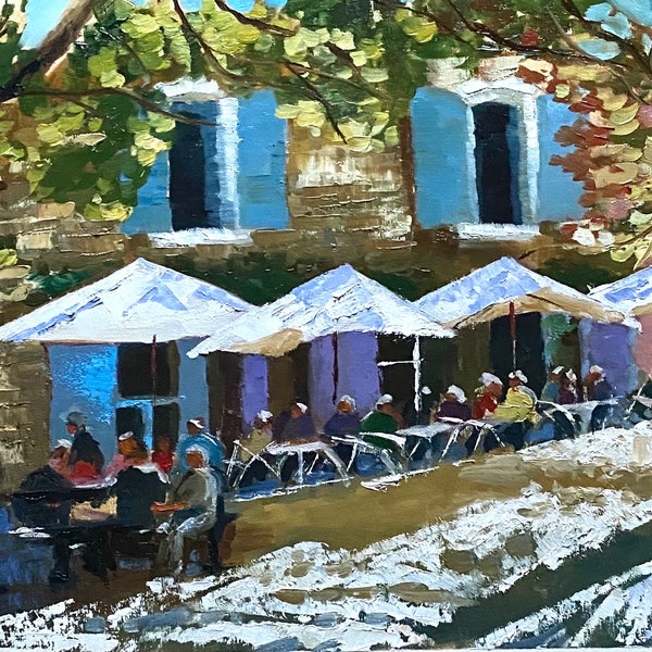 Street Cafe France Original Oil Painting Wall Decor Provance Travel on Stretched Canvas