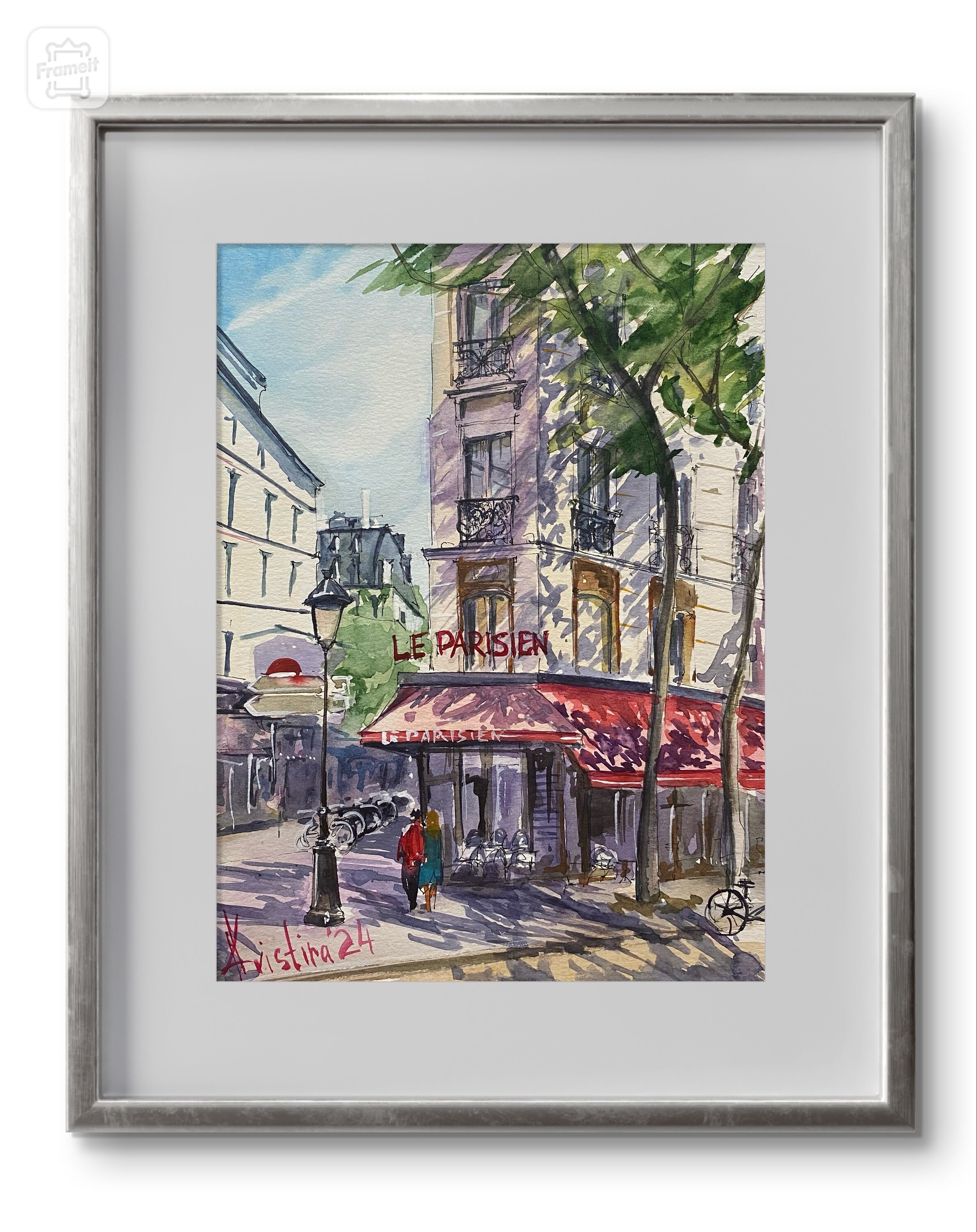 パリのカフェ 赤い傘 オリジナル水彩画 フランス旅行アートワーク