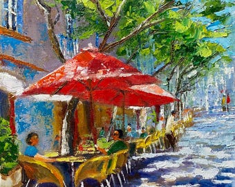 French Cafe Original Oil Painting: Sunny Street View, France Travel Art (12x12)