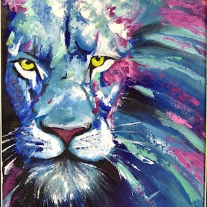 Pintura al óleo original del animal colorido del león sabio