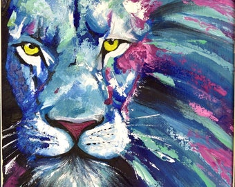 Wise Lion Colorful Animal Original Oil Painting