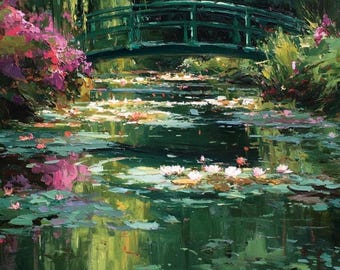 Peinture à l'huile sur le pont japonais de l'étang aux nénuphars de Monet | Oeuvre d'art originale de jardin d'eau | Paysage impressionniste de nénuphars | Décoration murale florale pour bassin