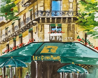 Paris Original Watercolor Artwork Les Deux Magots Cafe Outdoor Painting Travel Wall Art