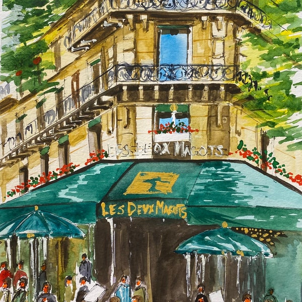 Oeuvre d'art originale à l'aquarelle de Paris Les Deux Magots Cafe, peinture en plein air, art mural de voyage