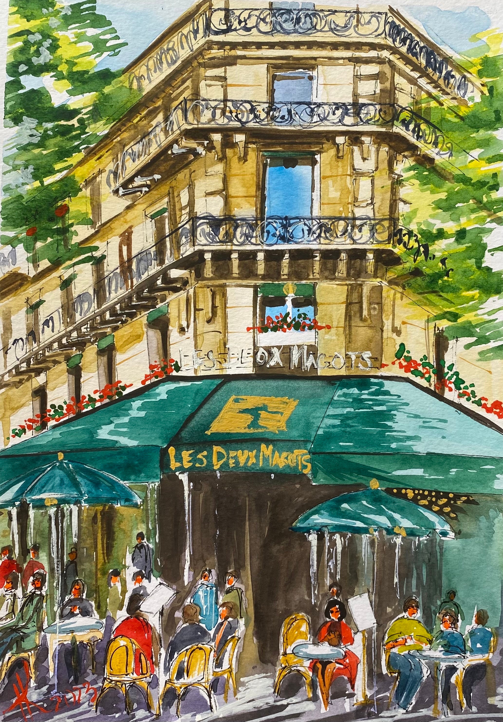 Paris Original Watercolor Artwork Les Deux Magots Cafe Outdoor