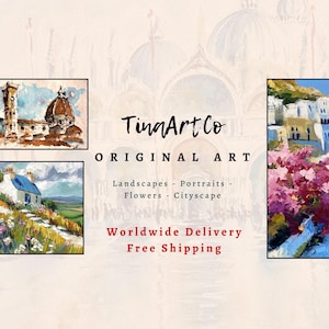 May include: An image featuring original art by TinaArtCo. The artwork includes landscape paintings of a canal with boats, a building with a dome, a white cottage, and a coastal town with boats. The text reads "Original Art" and lists painting categories.