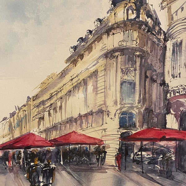 France Original Watercolor Painting Montpellier City Artwork Architectural Sketch Wall Decor Gift