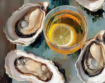 Oysters and Lemon Original Oil Painting: Impasto Seafood Kitchen Wall Art