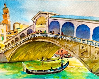 Pintura original en acuarela del Puente de Rialto. Arte mural de Venecia.
