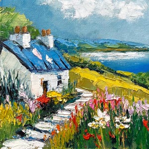Ireland Painting Irish White Cottage Original Art Floral Landscape Impasto Wall Decor Impressionist Artwork