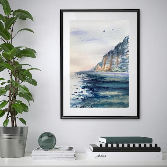 ノルマンディーの落石 手作り水彩画 – オリジナル海景アート | 海岸の