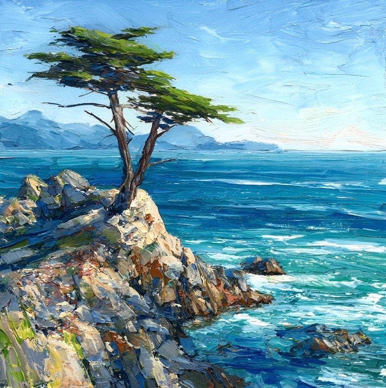 May include: An oil painting depicts a coastal scene with a tree atop a rocky cliff. The tree has green foliage and brown branches. The ocean is a deep blue with white waves. Mountains are visible in the distance under a light blue sky.