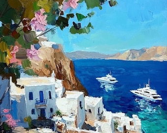 Mallorca Coastal City Original Oil Painting: Textured Mediterranean Seascape Art