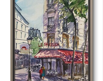 パリのカフェ 赤い傘 オリジナル水彩画 フランス旅行アートワーク