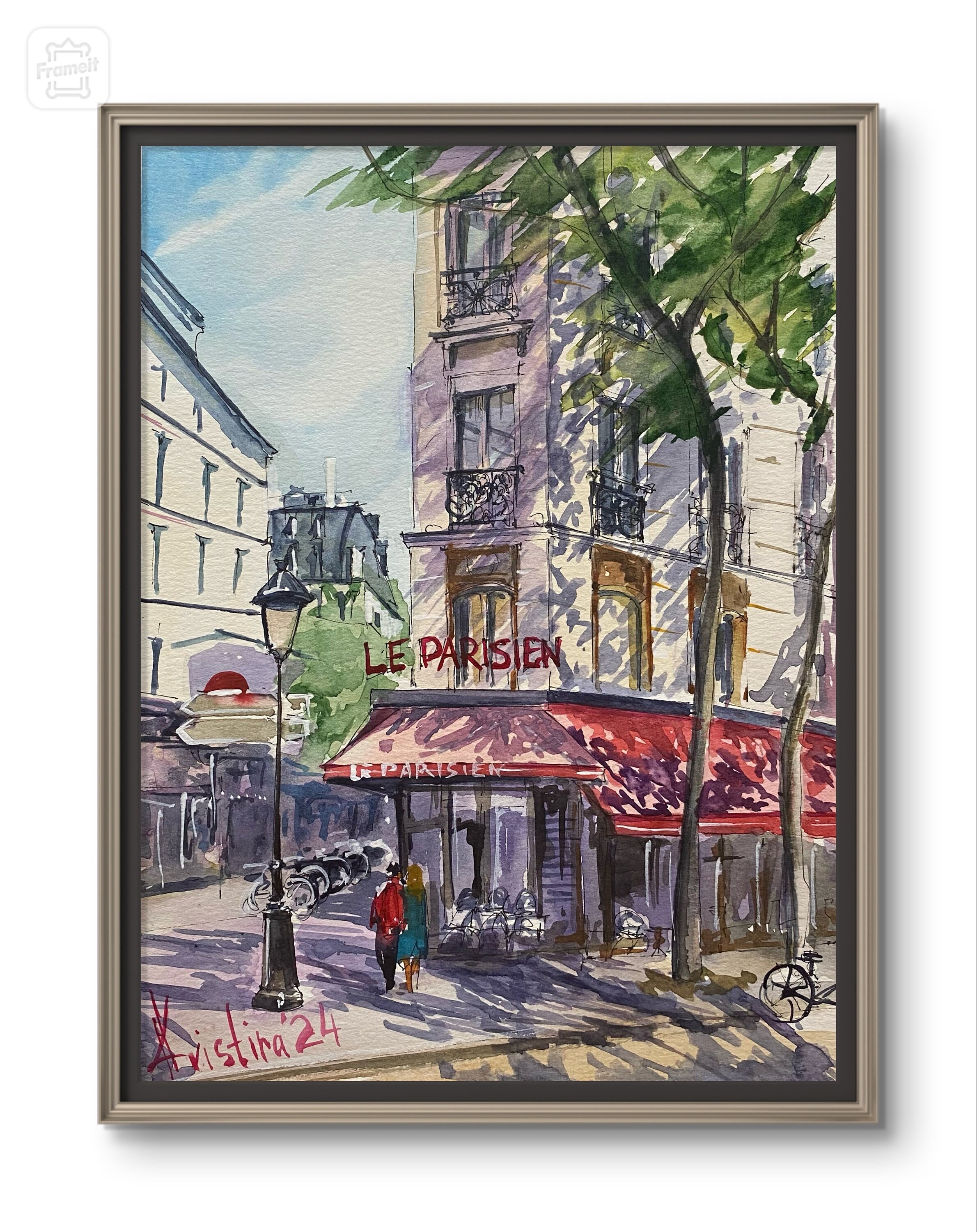パリのカフェ 赤い傘 オリジナル水彩画 フランス旅行アートワーク
