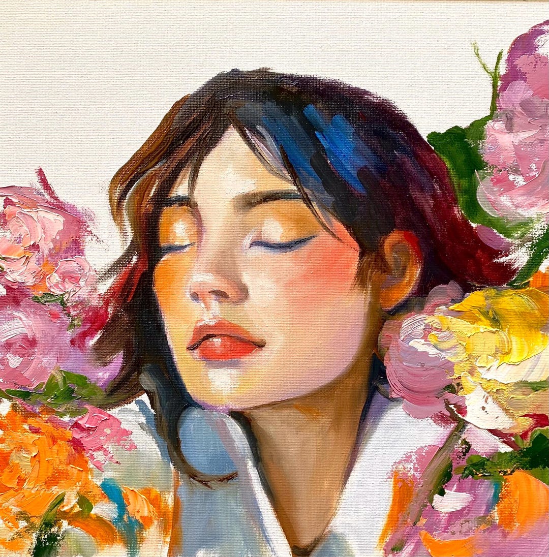 Female Portrait Original Oil Painting Abstract Floral Women Wall Art 10 ...