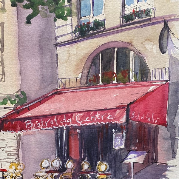 Paris Cafe Happy Mood Original Watercolor Painting Parisian Red Umbrella Artwork Gift France Travel Small Wall Decor