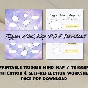 May include: A two-page printable Trigger Mind Map PDF download featuring a purple cloud-themed worksheet with blank thought bubbles and a white key page with yellow boxes explaining the situation, thoughts, feelings, and behaviors for self-reflection.