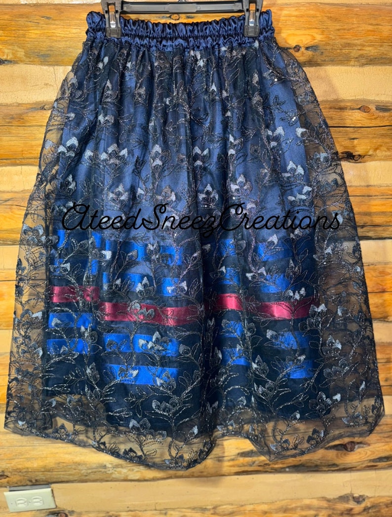 Lace overlay ribbon skirt floral lace ribbon skirt ribbon skirt skirt Native American skirt Blue/Blue Overlay